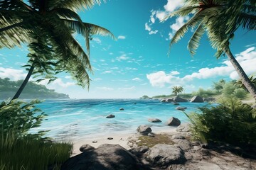 Fototapeta na wymiar a summer day on the beach with ocean all over horizon with palms