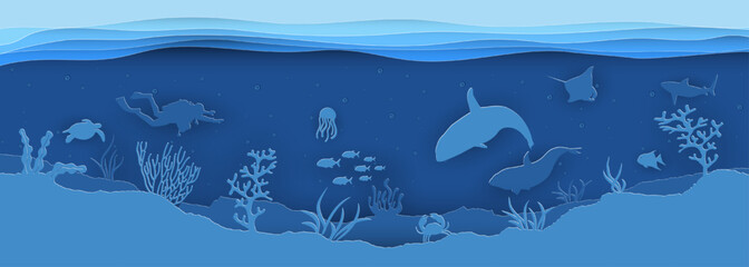 Fototapeta na wymiar Paper cut concept of world oceans day with underwater sea cave and fishes.Paper cut style vector illustration.
