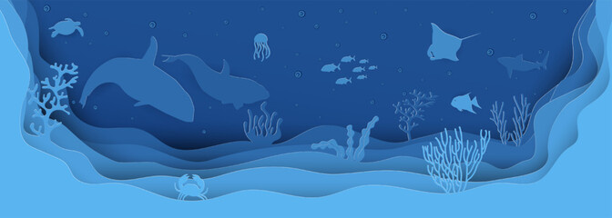 Paper cut  concept of world oceans day with underwater sea cave and fishes.Paper cut style vector illustration.