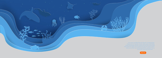 Paper cut  concept of world oceans day with underwater sea cave and fishes.Paper cut style vector illustration.