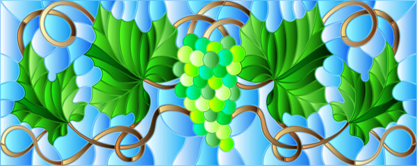 An illustration in the style of a stained glass window with a twisted bunches of ripe grapes on a blue background