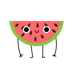 Cute happy cartoon watermelon character slices for educational childish games, books in simple doodle style flat smiling food fruit berry collection.