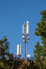 Telecommunication tower transmitting signals of cellular mobile 5g 4g 3g