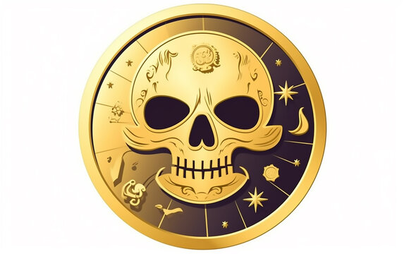 Golden doubloon with pirate skull.  Generative AI technology.