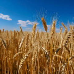 Fototapeta premium Yellow agriculture field with ripe wheat and blue sky with clouds over it. Field of Southern Ukraine with a harvest. Generative AI.