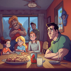 A Family eating Pizza cartoon illustration