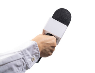 Close up Reporter Hand, Hand Holding Microphone for speech or interview on Isolate on white...