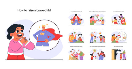 Modern positive parenting set. How to raise a brave child. Parents helping