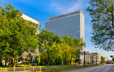 Fototapeta na wymiar Piotrkowska 155 office and hotel complex at Mickiewicza street in historic city center of Lodz old town in Poland