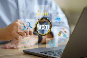 businessman holding magnifying glass with MBTI icons around it. Psychological and personality test concept, Personality typology. Psychology test for human types.MBTI - Myers-Briggs Type Indicator © Pcess609