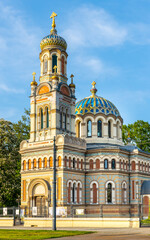 Fototapeta na wymiar Alexander Nevsky Eastern Orthodox cathedral at Kilinskiego street in historic industrial city center of Lodz old town in Poland