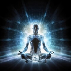 Fototapeta na wymiar energy meditation chakra woman in yoga position in a white space, in the style of dark matter art, otherworldly visions, dark sky-blue and light purple. generative ai