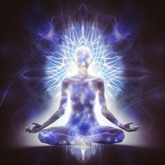energy meditation chakra woman in yoga position in a white space, in the style of dark matter art, otherworldly visions, dark sky-blue and light purple. generative ai