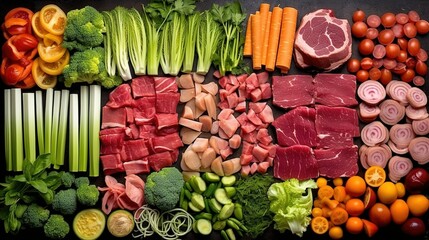 Variety of vegetables and meat as a background. Top view. created with generative AI technology