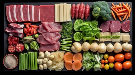 Raw meat and vegetables on a dark background. Top view, flat lay. created with generative AI technology