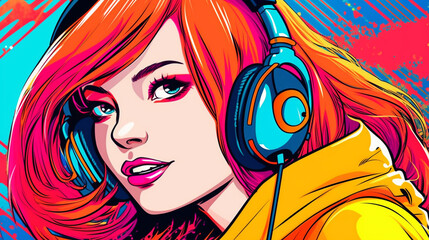pop art comic book retro vintage style woman listen music in headphones profile portrait,  Created using generative AI tools.