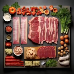 Raw pork meat with vegetables and spices on black background, top view created with generative AI technology