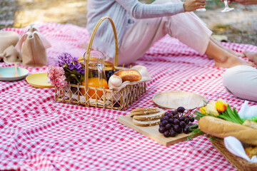 Obraz na płótnie Canvas Picnic Lunch Meal Outdoors Park with food picnic basket. enjoying picnic time in park nature outdoor