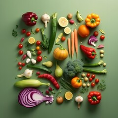 Fototapeta na wymiar Composition with variety of fresh organic vegetables on green background, top view created with generative AI technology