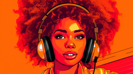 pop art comic book retro vintage style woman listen music in headphones profile portrait,  Created using generative AI tools.