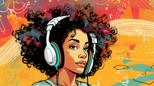 pop art comic book retro vintage style woman listen music in headphones profile portrait,  Created using generative AI tools.