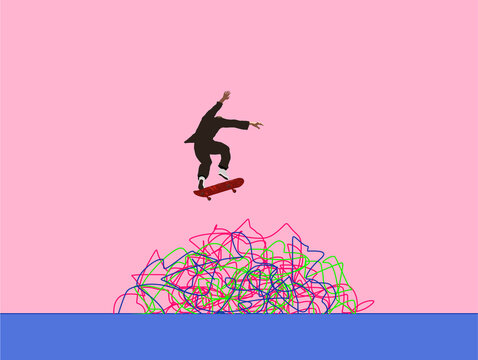Illustration of man skateboarding over tangled mess