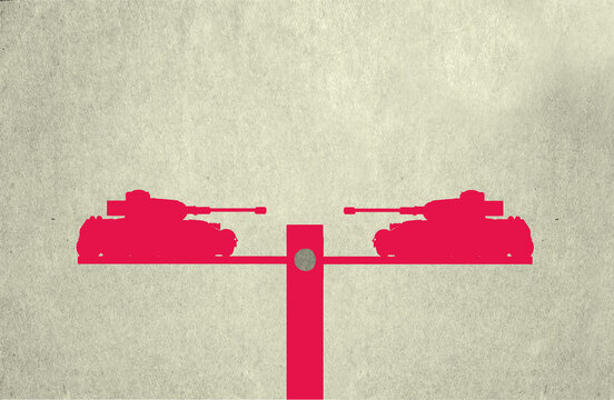 Illustration of two tanks facing each other on seesaw