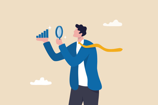 Company transparency, business analysis or report, information or statistic, search for market growth, economic or improvement concept, businessman look through magnifying glass analyze graph.