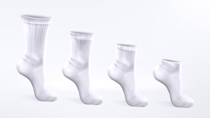Vector 3d realistic set of sports and casual white socks different lengths isolated on white background. Long, middle and short classic cotton foot clothes mock up. Template mockup sportswear.