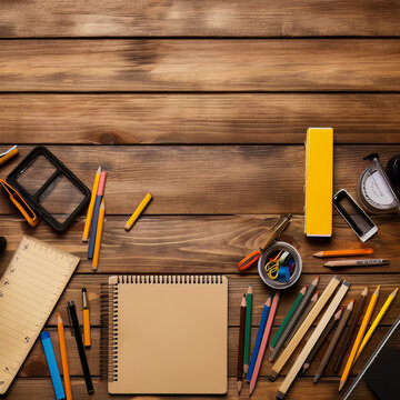 Creative Haven: Top View of Wooden Desk Surrounded by Art Supplies, Offering Ample Copy Space