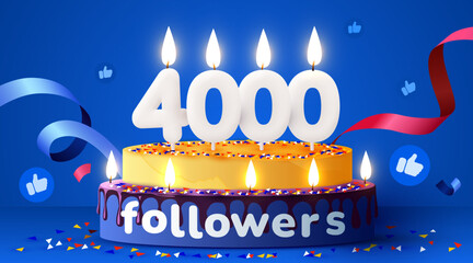 4k or 4000 followers thank you. Social Network friends, followers, subscribers and likes. Birthday cake with candles.