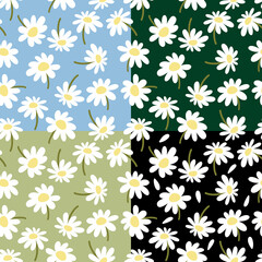 Chamomile flowers seamless pattern. Patchwork floral allover print. Different color blocks with white flowers. Cute summer background