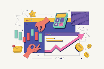 Banner of Analyzing Stock Market. Hands manages Graphs, Charts and Diagrams. Businesspersons Investing in Stocks. Stock Trading Concept. Modern Vector Illustration.