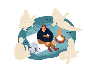 Lonely person missing left departed friends. Alone man recollecting time together with people. Friendship loss, death, memory concept. Flat graphic vector illustration isolated on white background