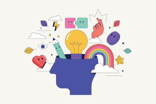 Creative mind or brainstorm or creative idea or learning concept with abstract human head silhouette with bulb lamp surrounded abstract creative shapes in bright colors. Vector illustration