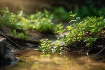 Fototapeta na wymiar Beautiful Spring Detailed Close-up of a Freshwater Stream with Vibrant Young Green Plants. Horizontal Banner, Embracing the Essence of Springtime