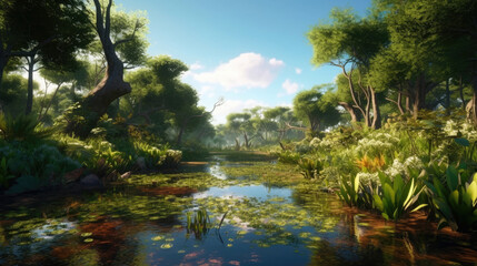 Epic view of swampy jungle with warm water in summer