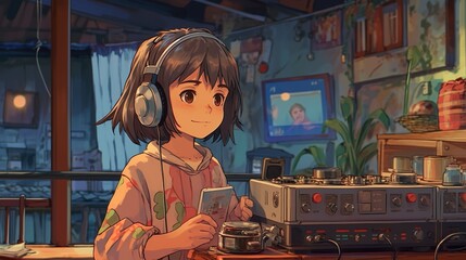 Fototapeta na wymiar High-Quality Lofi Illustration of a Charming Little Girl with a Walkman, Capturing the Nostalgic Vibes of Lofi Music in Manga Style