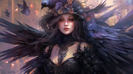 digital artwork featuring a charming anime girl in a fantasy world, with a raven perched on her shoulders