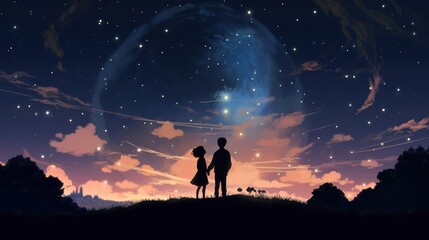 Illustration of a Girl and Boy in Silhouette, Gazing at Each Other Under the Enchanting Glow of the Moon on a Serene Night