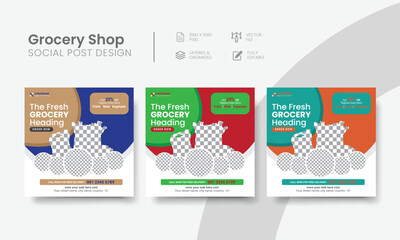 Customizable grocery shop social media post for the supermarket promotion. Professional grocery business social web banner content layout design. Vol - 04