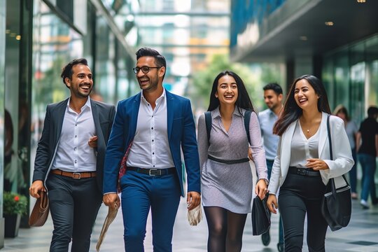 a group of business people smiling walking