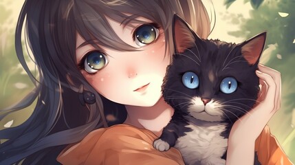  a delightful digital artwork in an anime style featuring a cute girl with a cat