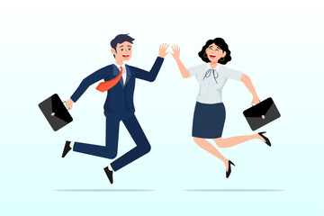 Fototapeta na wymiar Happy businessman and woman teamwork coworkers jumping and hi five clapping hands, team success winners, hi five or congratulation on business goal achievement, collaboration concept (Vector)