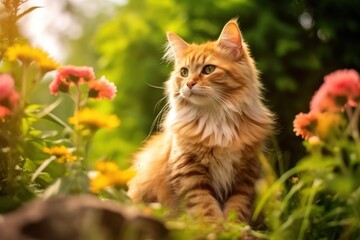 Naklejka na ściany i meble A Captivating Image of a Beautiful Cat Amidst a Lush Garden, Embracing the Tranquility and Charm of Nature's Splendor