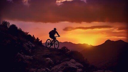 Fototapeta na wymiar Silhouette of a man on mountain-bike, sunset view