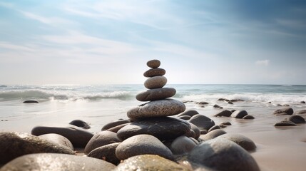 Pyramid stones balance on the sand of the beach. The object is in focus, the background is blurred sea view