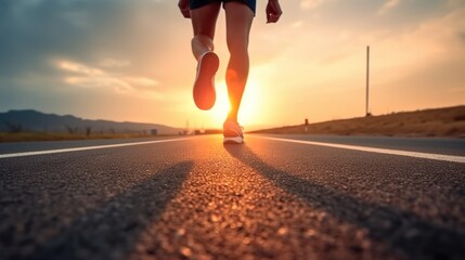 a person running on the road, Runner man feet running on road closeup on shoe.