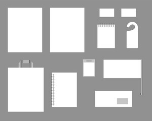 Identity, corporate style. Set of templates for design, vector. Clean templates. Form, notepads, business cards, envelope, flag.