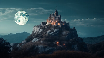 Obraz premium Fantasy castle on the mountain with big moon illuminating. Generative ai.